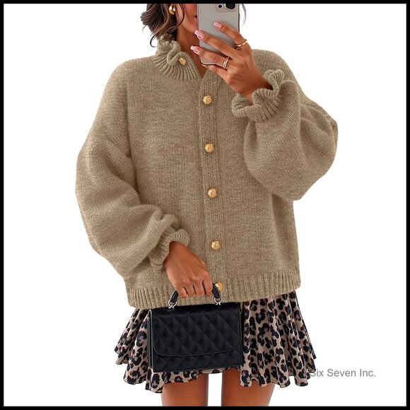 Chunky Knit Cardigan Oversized Drop Shoulder Ruffled Neck Retro Button Coat